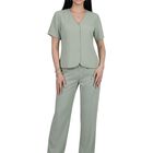 Conjunto 2 Piezas, Blusa De Manga Corta Con Botones Y Pantal&oacute;n Recto, Conj-0227 Verde Claro Look Sofisticado Para Mujer