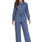 Conjunto 2 Piezas Mujer Conj-0292 Azul Blusa Manga Larga Con Cintur&oacute;n Y Pantal&oacute;n Amplio, Elegante Y Casual