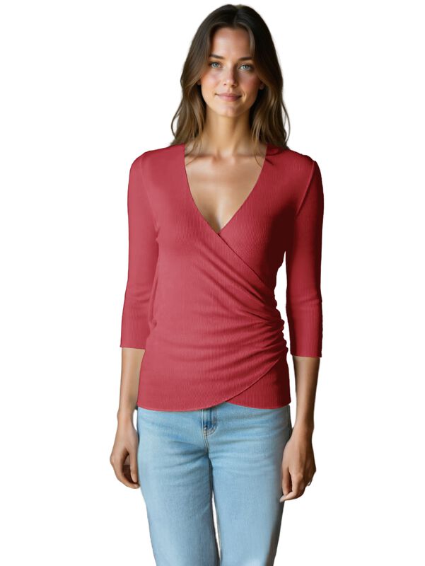 Blusa Mujer Manga 3 Cuartos Cuello V BL-1037 Ro... image number null