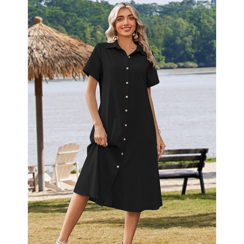 Vestido Midi Negro de Lino Zeagoo con Manga Cor... image number null