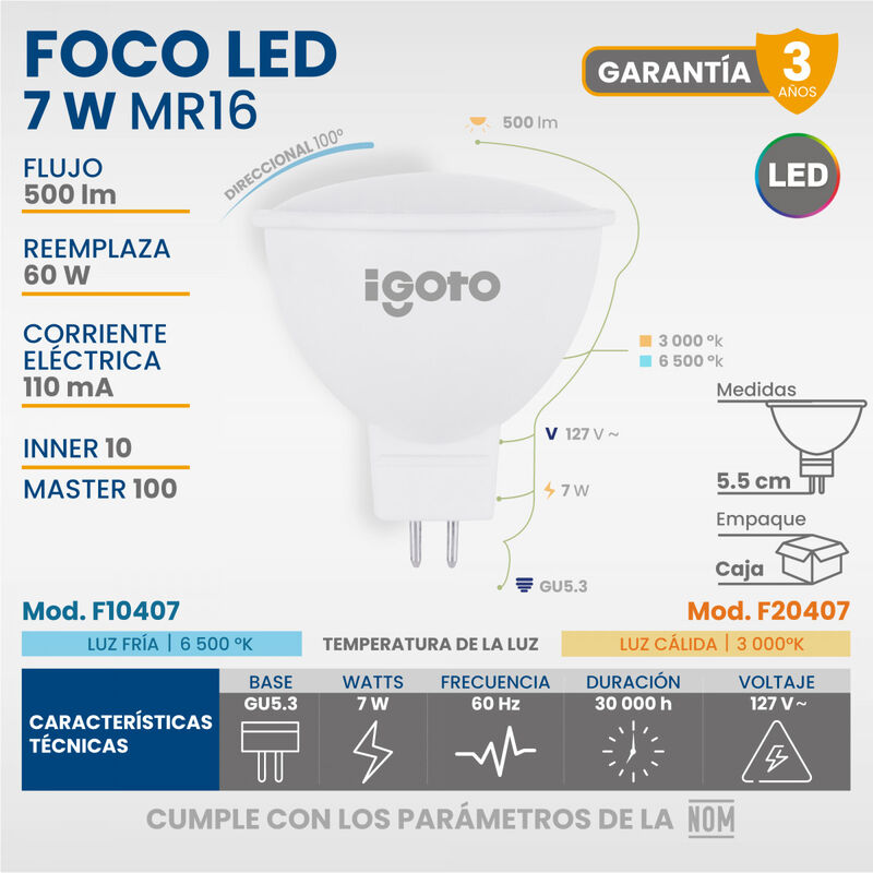 Paquete de 10 piezas Foco Led Dicroica Mr16 7w ... image number null