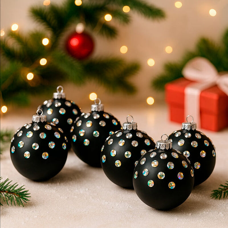 Set De 6 Esferas Navide&ntilde;as Negro Mate Con Piedr... image number null