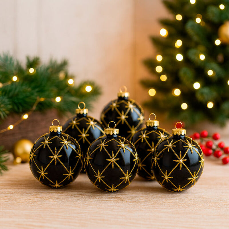 Set De 6 Esferas Navide&ntilde;as Negras Con Estrellas... image number null