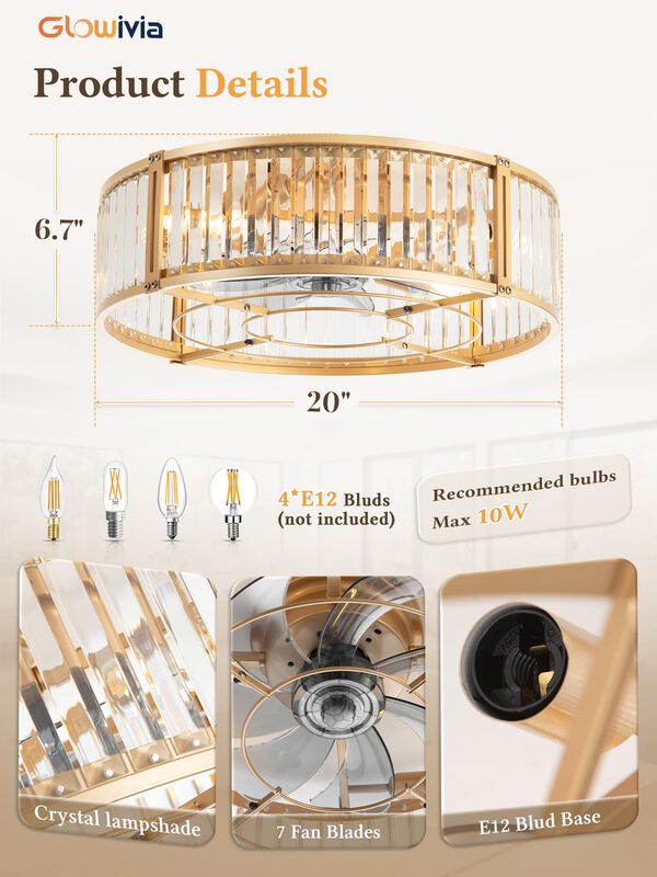 Ventilador De Techo Glowivia 51 cm Dorado De Mo... image number null