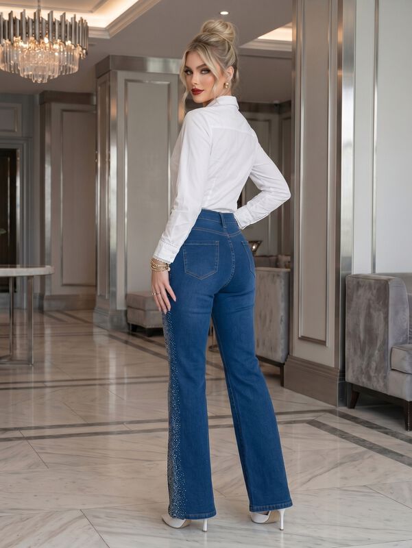 Jeans Flare Mujer Con Pedrer&iacute;a Y Brillos Mezc-1... image number null