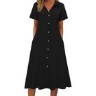 Vestido Midi Negro de Lino Zeagoo con Manga Corta y Escote en V