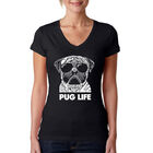 Camiseta De Cuello En V Word Art Para Mujer - Vida Pug- Negro