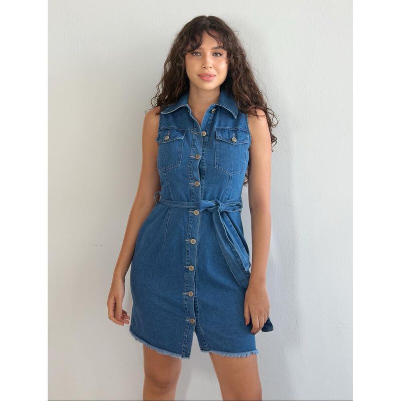 Vestido Mezclilla Sin Mangas Con Cinturon image number null