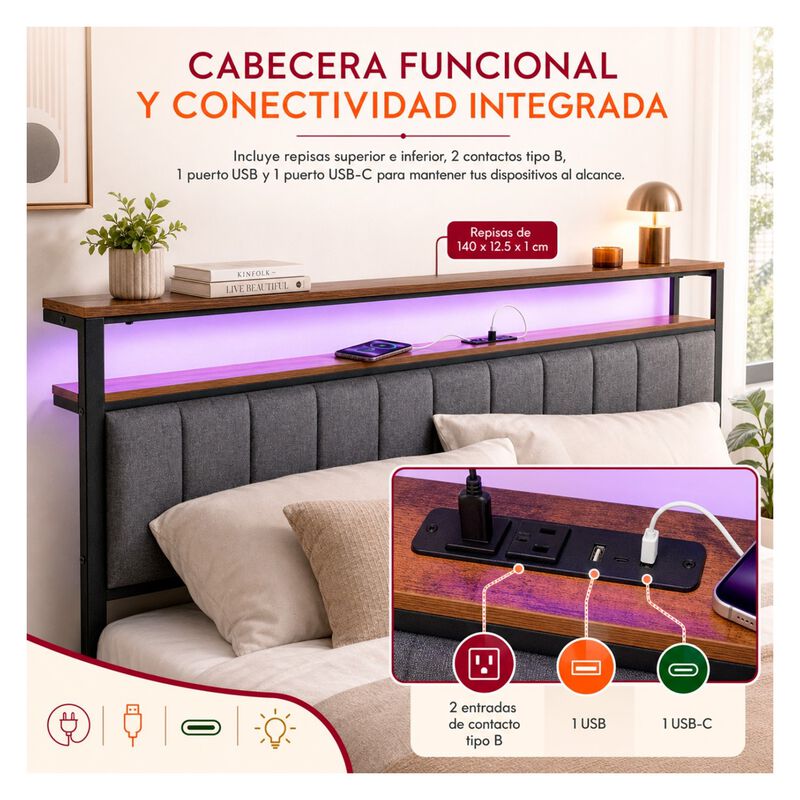 Base Matrimonial Cabecera Repisas Luz Led Usb C... image number null