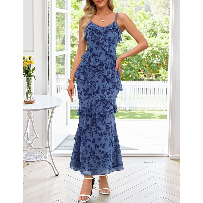 Vestido Merokeety Maxi Floral Azul Polvoriento ... image number null