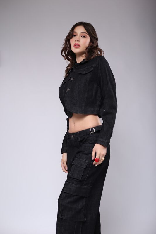 Pantal&oacute;n Cargo Negro Recto Mujer Mezclilla Tiro... image number null