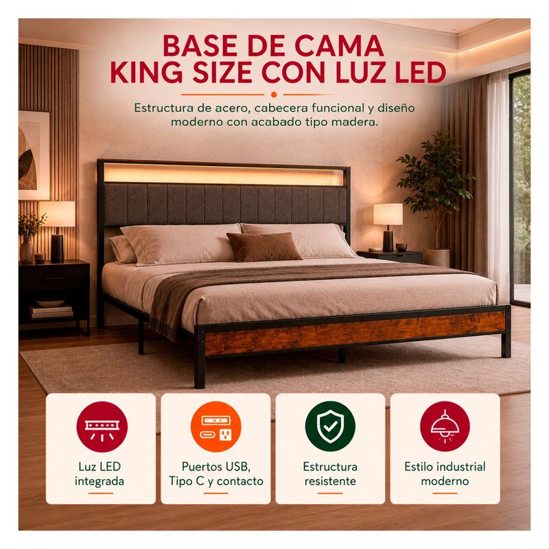 Base Cama Kingsize Cabecera Repisas Luz Led Usb... image number null