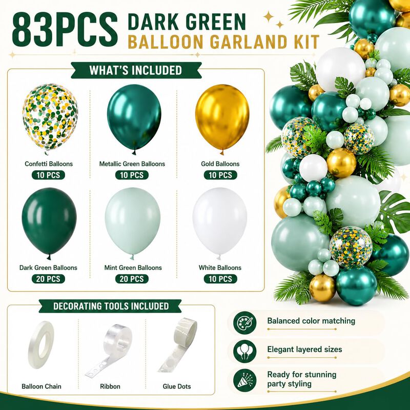 Set De 83 Globos Verde Y Dorado Con Confeti &ndash; 1... image number null