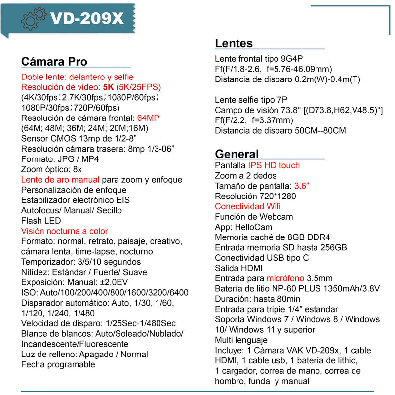 C&aacute;mara Digital Vak Pro 209 Selfie 5k Visi&oacute;n Noc... image number null