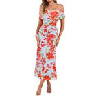 Vestido Simplee Floral Hombro Descubierto Azul y Naranja - Talla L