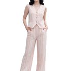 Conjunto 2 Piezas A Rayas Malabis Conj-0165 Blanco Pantalon Wide Leg Mas Chaleco