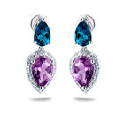 Aretes De Oro Blanco 10k Con 11pts De Diamante Amatista Rosa Y Topacio London Blue