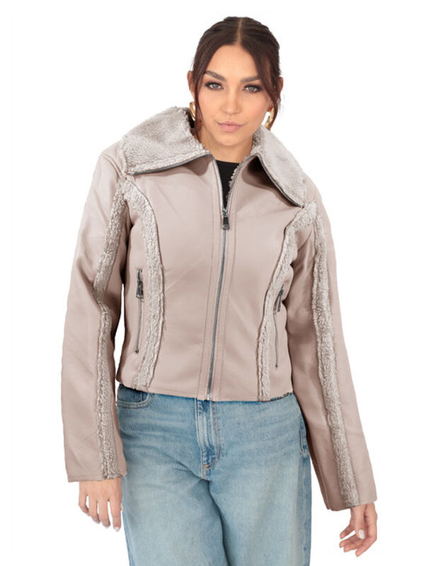 Chamarra Mujer Vinipiel Cuello Aborregado Beige... image number null