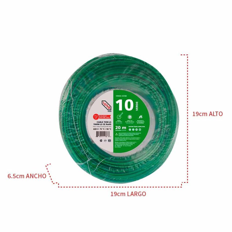 Cable Thhw-ls Rohs Calibre 10 Awg Verde 20m image number null