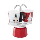 Set Moka Bialetti Mini Express Magritte De 2 Tazas Con 2 Vasos, Color Rojo