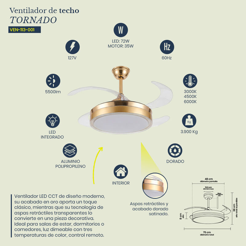 Ventilador de Techo LED Tornado Oro Satinado co... image number null