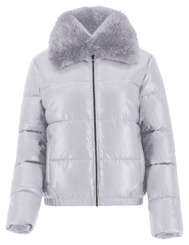 Chamarra Brillosa Acolchada Cuello Peluche Gris... image number null