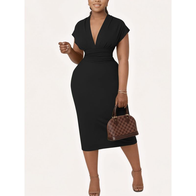 Vestido Ulovmi Midi Bodycon Cuello En V Mangas ... image number null