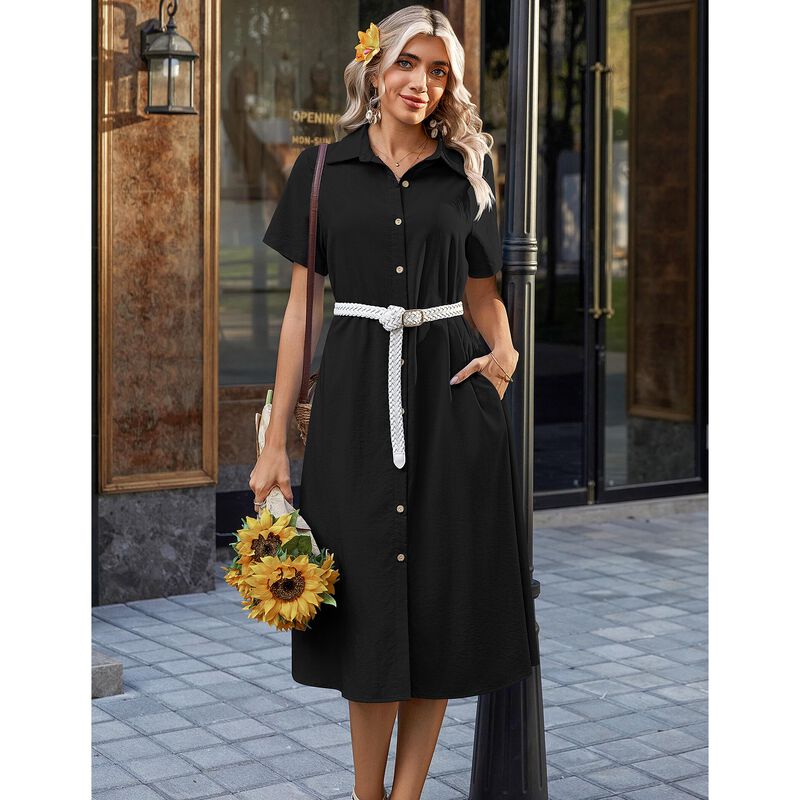 Vestido Midi Negro de Lino Zeagoo con Manga Cor... image number null