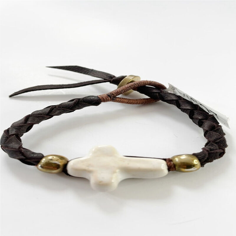 Pulsera Tejida Con Cuero Negro Y Cruz De Piedra... image number null