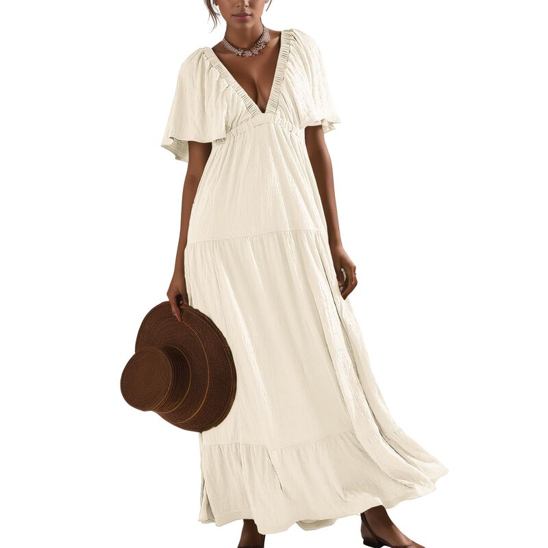 Vestido Maxi Beige Kikibell con Escote en V y M... image number null