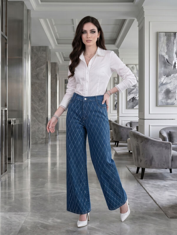 Jeans Wide Leg Mujer Con Brillos Mezc-1008 Azul... image number null