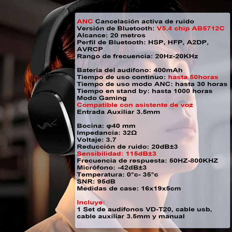 Aud&iacute;fonos Vak T20 Bluetooth ANC Siri Game Bass ... image number null