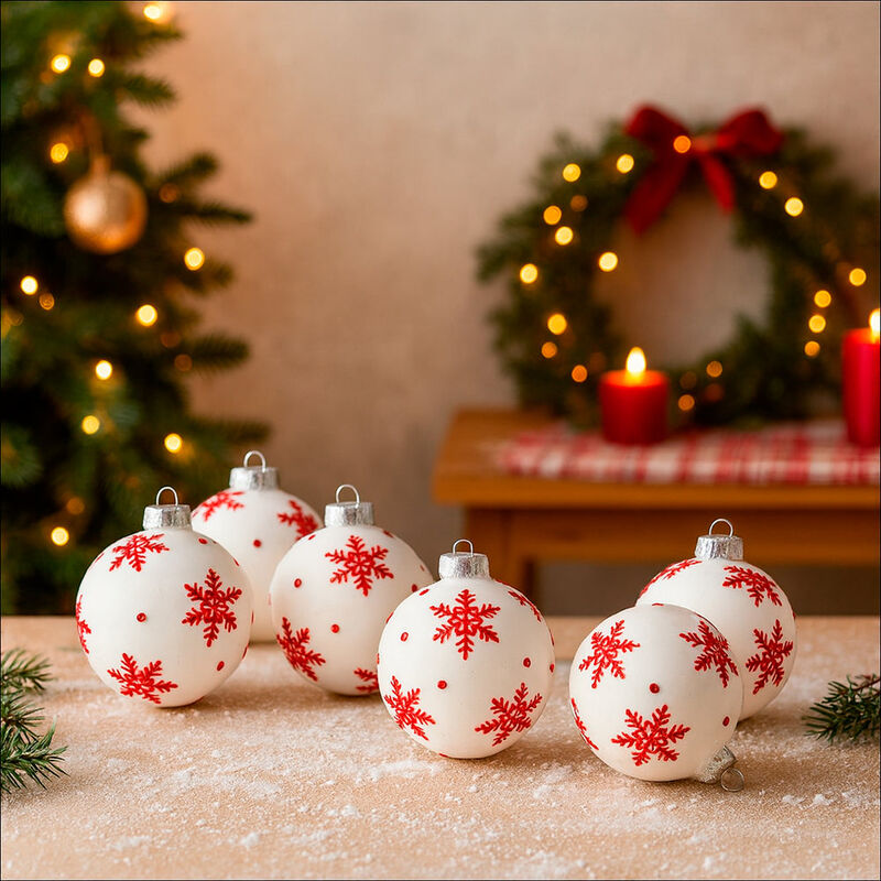Set De 6 Esferas Navide&ntilde;as Estrella Blanco Y Ro... image number null