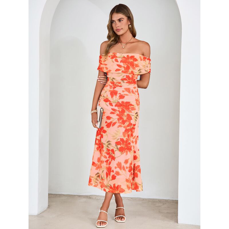 Vestido Simplee Floral Sin Hombros Naranja Tall... image number null