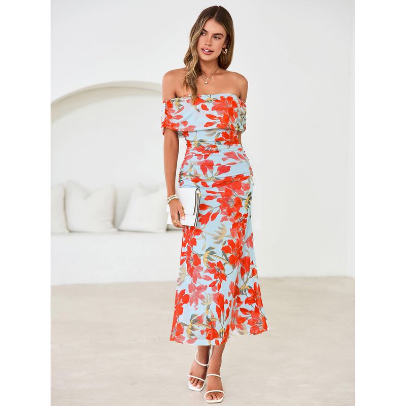 Vestido Simplee Floral Hombro Descubierto Azul ... image number null