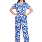 Conjunto 2 Piezas Estampado Floral, Conj-0157 Azul Camisa Con Cintur&oacute;n Y Pantal&oacute;n Amplio, Look Fresco Y Elegante Para Mujer