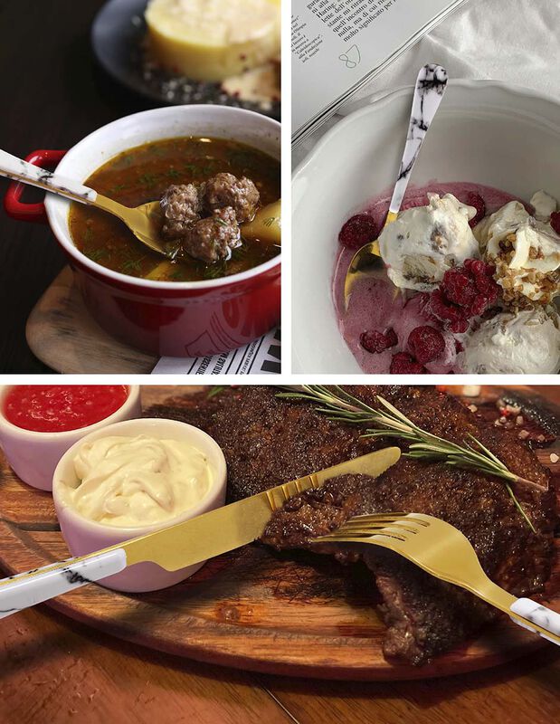 Juego de Cubiertos Marmol Dorados image number null