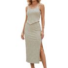 Set 2 Piezas Rayado Blusa de Tirantes y Falda Larga con Abertura CONJ-0136 Crema Chic para Mujer