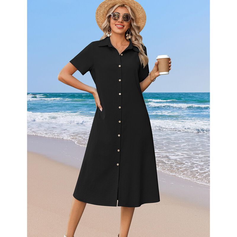 Vestido Midi Negro de Lino Zeagoo con Manga Cor... image number null