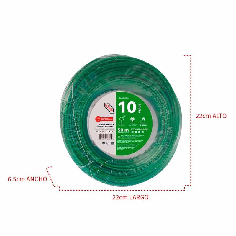 Cable Thhw-ls Rohs Calibre 10 Awg Verde 50m image number null