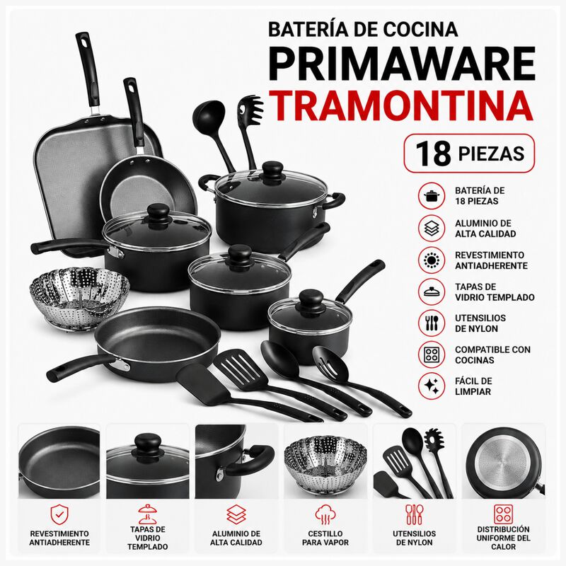 Bater&iacute;a De Cocina Primaware 18 Piezas Negro 801... image number null