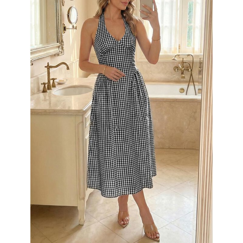 Vestido Maxi Cuadros Wenrine Escote Halter Cint... image number null