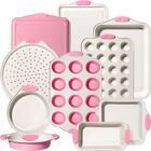 Set de 22 Piezas Kikcoin Bandejas Antiadherentes para Hornear, Apilables, Mangos de Silicona, Resistentes al Horno hasta 450&deg;F (232&deg;C), Color Rosa
