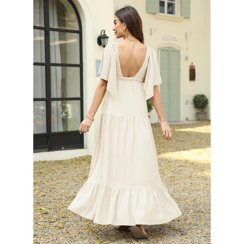 Vestido Maxi Beige Kikibell con Escote en V y M... image number null