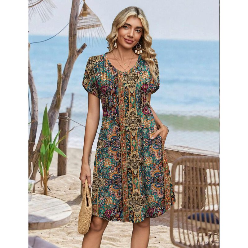 Vestido Boho Zeagoo Estampado Tropical Marr&oacute;n image number null