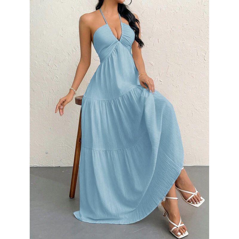 Vestido Narecte Maxi Escote Halter Corte A Azul... image number null