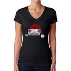 Camiseta De Cuello En V Word Art Para Mujer - Gato Navide&ntilde;o Asom&aacute;ndose- Negro
