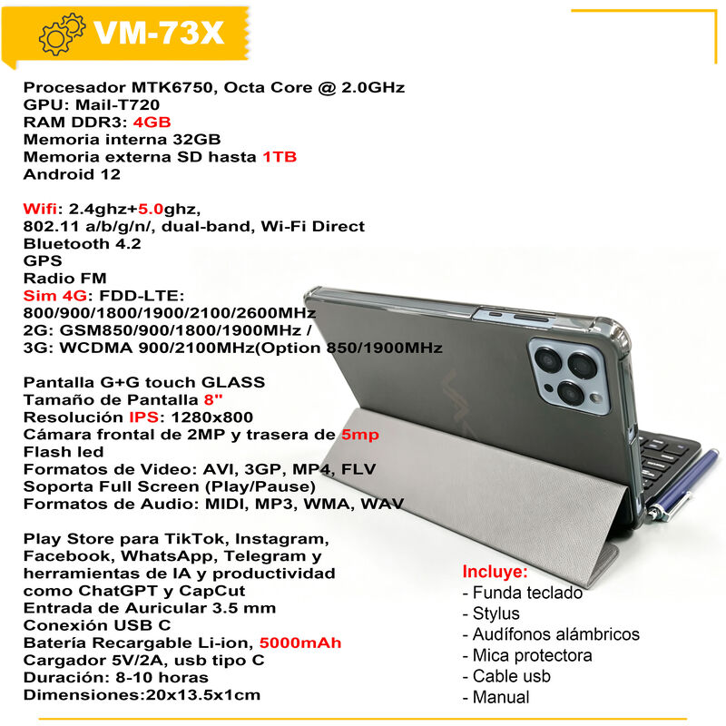 Tablet Vak  73x 8' Hd 8 Core Teclado 2 C&aacute;maras ... image number null