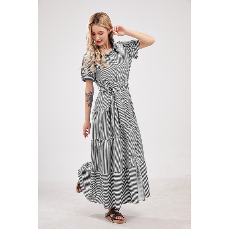 Vestido Utcoco Mediano Negro Rayas Botones Cint... image number null