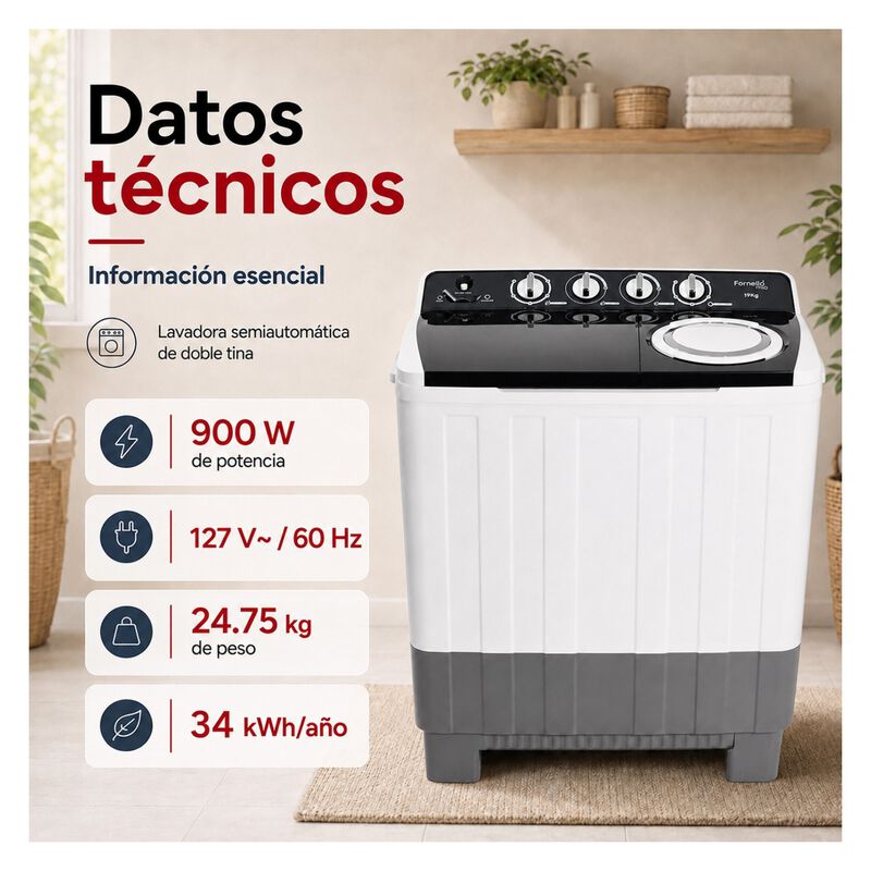 Lavadora Semiautom&aacute;tica 19 Kg 2 Tinas 900 W Dos... image number null